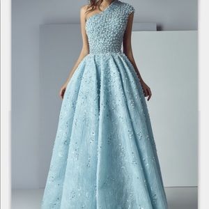 saiid kobeisy Beaded Ocean Blue One Shoulder Gown